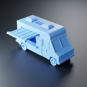 May include: A light blue food truck with a white awning extended out the side. The truck has a white roof with a vent and two small windows on the side.