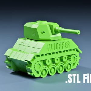 May include: A green plastic toy tank with the word "WHOPPER" printed on the side. The tank has a turret with a cannon and wheels. The text ".STL File" is printed below the tank.