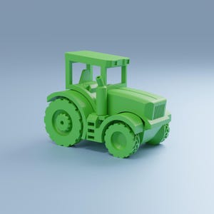 Puede incluir: Un tractor de juguete verde liso, con ruedas traseras grandes, cabina y rejilla delantera. La representación 3D le da un aspecto suave y mate. El fondo es un degradado azul claro. Modelo de vehículo agrícola.
