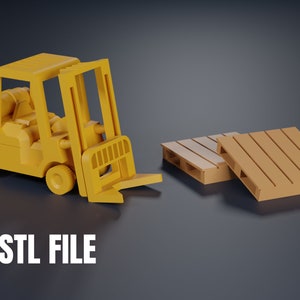 Könnte beinhalten: Ein gelber Spielzeug-Gabelstapler mit einer angehobenen Gabel, neben zwei braunen Holzpaletten. .STL FILE