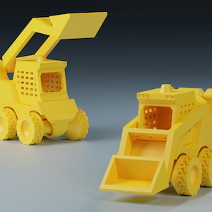 May include: Two yellow toy construction vehicles, both are skid steers with a bucket at the front. The skid steer on the left has its arm raised up in the air. The skid steer on the right has its arm lowered down.