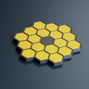 Puede incluir: Un diseño en forma de panal con 19 hexágonos negros, 18 de los cuales están llenos de amarillo. El diseño está sobre un fondo gris oscuro.