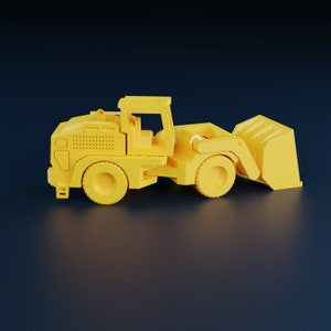 May include: A bright yellow toy front-end loader, featuring a detailed cab, large wheels, and a functional bucket. The construction vehicle is set against a dark blue background, highlighting its design. This toy is perfect for children.