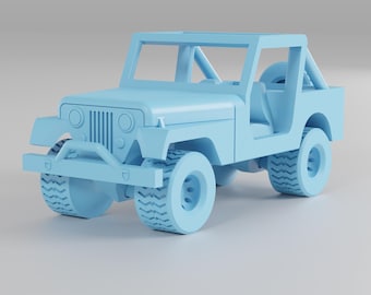 May include: A light blue toy Jeep with a roll cage, spare tire, and rugged tires. The front features a bumper, headlights, and a grille. The vehicle is a solid color and appears to be a model or a child's toy.