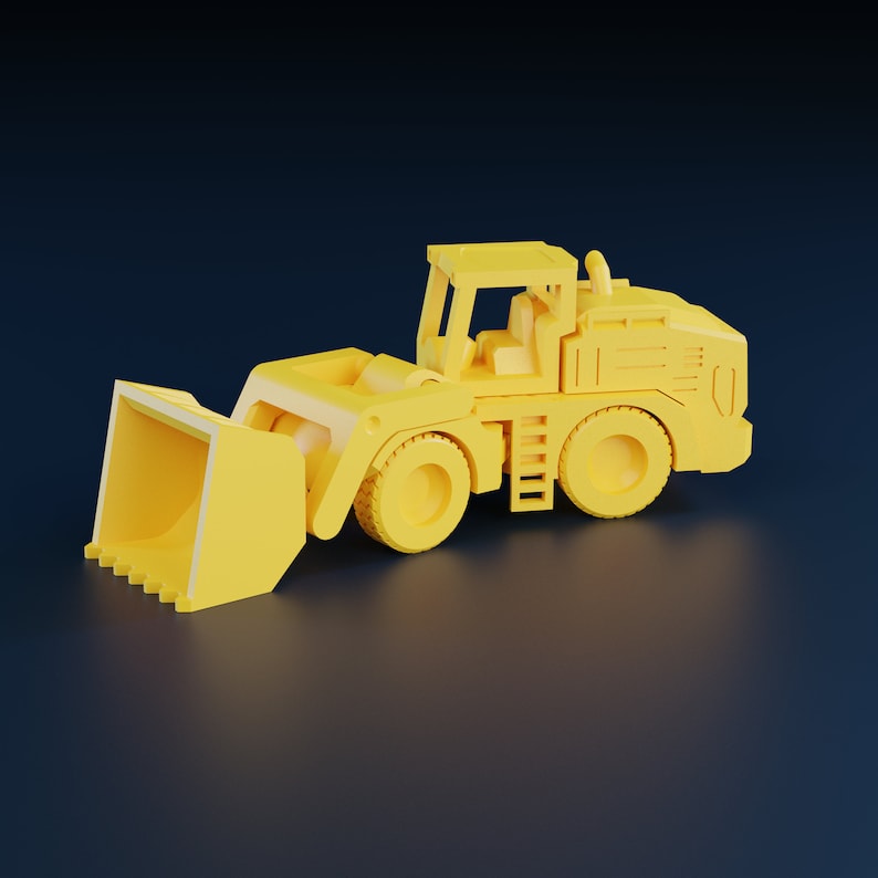May include: A bright yellow toy front-end loader with a large bucket, four wheels, and a cab. The construction vehicle is rendered in a 3D style, set against a dark blue background. The toy is a miniature version of a construction vehicle.