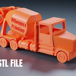 May include: Orange 3D printed model of a cement mixer truck. The truck has a rotating drum and a cab with a windshield. The drum has the words "Whopper Printing" printed on the side. The model is a .STL file.