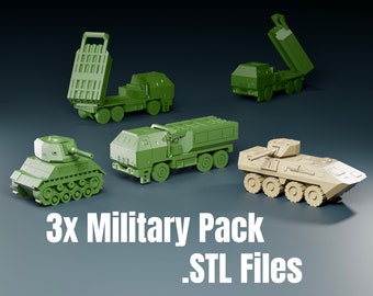 May include: A set of 3D printed military vehicle models. The set includes a tank, a missile launcher, and a troop carrier. The models are printed in green and beige plastic. The models are labelled "3x Military Pack .STL Files".
