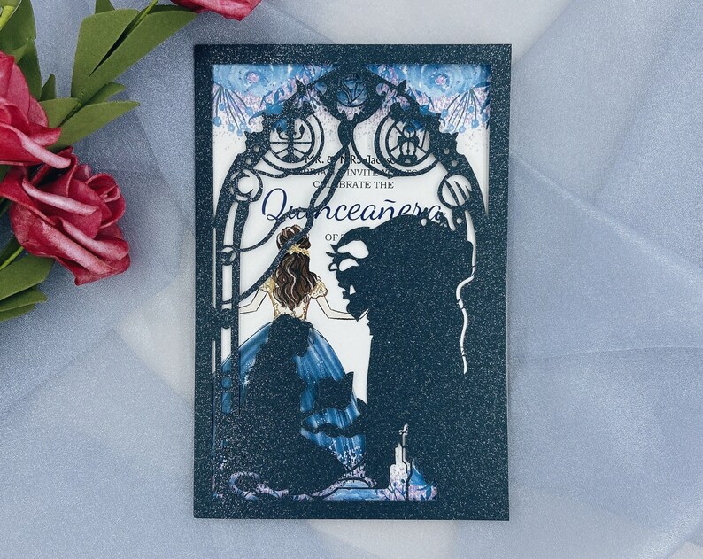 Beauty And The Beast Disney Birthday Party Laser Cut Invites Dark Navy Quinceanera invitation Sweet sixteen card