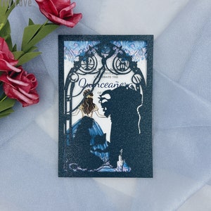 Invitaciones cortadas con láser para fiesta de cumpleaños de Disney, La Bella y La Bestia, invitación para quinceañera de color azul marino oscuro, tarjeta para dulces dieciséis