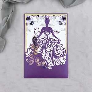 Donkerpaarse Jurk Laser Cut Uitnodigingen Kaarten Uitnodiging Quinceanera uitnodiging Sweet sixteen uitnodiging Baby Shower