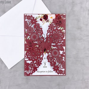 Burgundy Laser Cut Wedding Invitation Kit, Spring Wedding Laser Cut Invitation Suite {Gratis Infinite Design Before Pay}