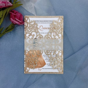 Convite de casamento cortado a laser com glitter, ouro rosa, personalizado com envelopes, dia de casamento, chá de panela, quinceanera