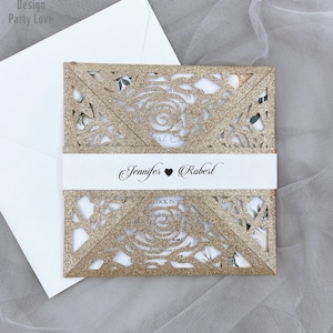 Glitter Rose Gold Farbe Quadrat Glitter Laser Cut Hochzeitseinladung mit Umschlag Party Universität Einladungskarte