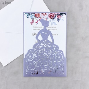 Violet XV Girl Laser Cut Invitations, Quinceañera Girl in Dress Invitation, Unique Glitter Quinceañera Sweet 16 Invitation