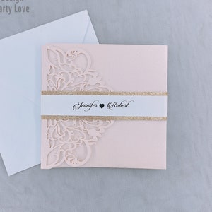 Laser Cut Blush bruiloft uitnodiging monster gepersonaliseerde glittery backing card verjaardag uitnodiging met RSVP