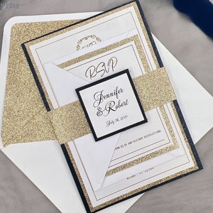 Glitter Champagne Bruiloft Uitnodiging, Glitter bruiloft, Quinceanera uitnodiging Sweet Sixteen Uitnodiging, 16 Uitnodigen, Dark Navy en Witte Kaart