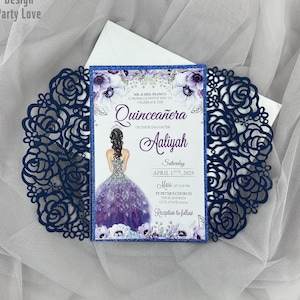 Invitación de boda Quinceañera Dark Navy Laser Cut, bolsillo con corte láser rosa con sobres, invitaciones de diseño elegante Invitación Sweet 16