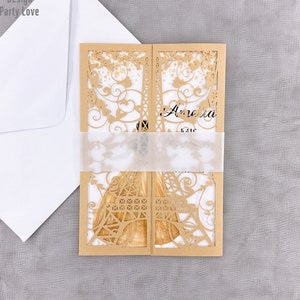 Dark Gold Paris Laser Cut Uitnodigingen, Shimmery Paris Quinceañera Uitnodiging, Unieke Elegante Paris Quinceañera Sweet 16 Uitnodiging