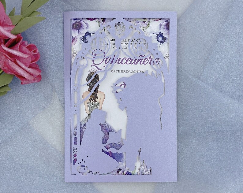 Beauty And The Beast Disney Birthday Party Laser Cut Invites Violet Quinceanera invitation Sweet sixteen card