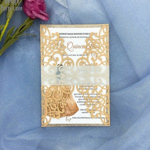 Dark Gold Lace Laser Cut Wedding Invitation Personalizado con sobres Wedding Day Bridal Shower Quinceanera