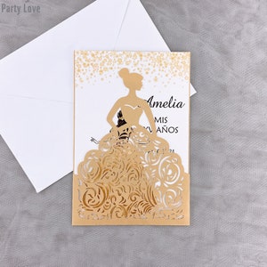 Donkergouden XV Meisje Laser Gesneden Uitnodigingen, Quinceañera Meisje in Jurk Uitnodiging, Unieke Glitter Quinceañera Sweet 16 Uitnodiging