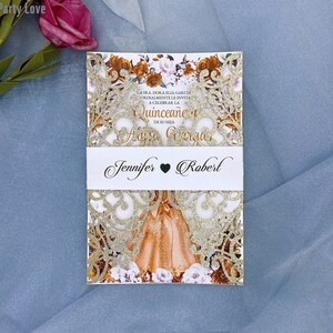 Glitter Champagne Kant Laser Gesneden Bruiloft Uitnodiging Gepersonaliseerd met Enveloppen Bruiloft Dag Bruids Douche Quinceanera