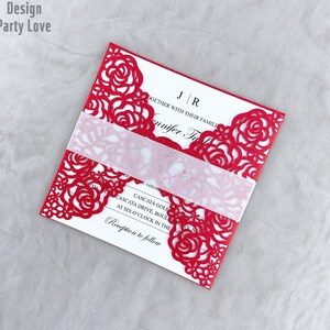 Laço vermelho com laço cartão de convite de casamento laser floral noivado convites de batismo de aniversário
