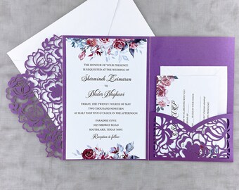 Quinceanera Púrpura Color Láser Corte Floral Invitación Para Boda / Fiesta / Aniversario / Cumpleaños