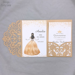 Quinceanera Oro Oscuro Elegante Flor Laser Corte Novias Brillante Invitación Bolsillo para boda con sobre - Diseño infinito libre