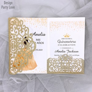 Romantische Glitter Champagner Laser geschnitten Hochzeit lädt, Floral LaserTasche mit kundenspezifischen Einsatz &RSVP-Karte "Free Infinite Design before Pay"