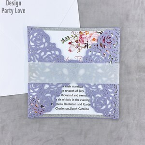 Laço violeta com laço convite de casamento cartão laser floral noivado aniversário convites de batismo