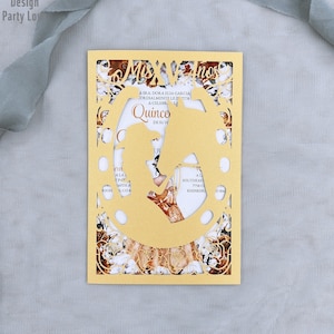 Ouro escuro rapunzel princesa doce 16 mis xv anos menina cavalo convite quinceanera corte a laser dezesseis