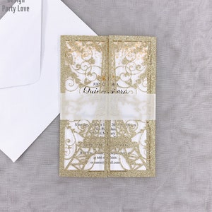 Inviti con taglio laser Glitter Champagne Parigi, Invito scintillante per Quinceañera di Parigi, Invito unico ed elegante per Quinceañera di Parigi per 16 anni