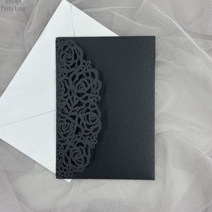 Laser Cut Wedding Invitations Negro, Laser Cut Pocket Wedding Invitations Elegant, Conjuntos de invitación de boda con Belly Band Custom