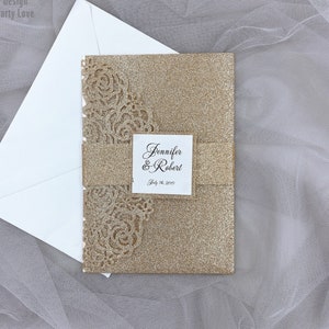 Laser Cut Hochzeitseinladungen Glitter Rose Gold, Laser Cut Pocket Hochzeitseinladungen Elegant, Hochzeitseinladung Sets mit Belly Band