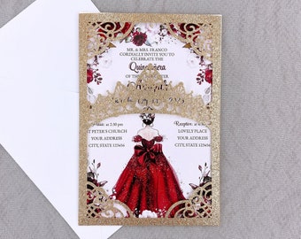 Glitter Rose Gold Laser Cut Floral Invitation Cards, Luxury Shining Wedding Invitations Cards Laser Cut Pocket for Wedding/Quinceanera