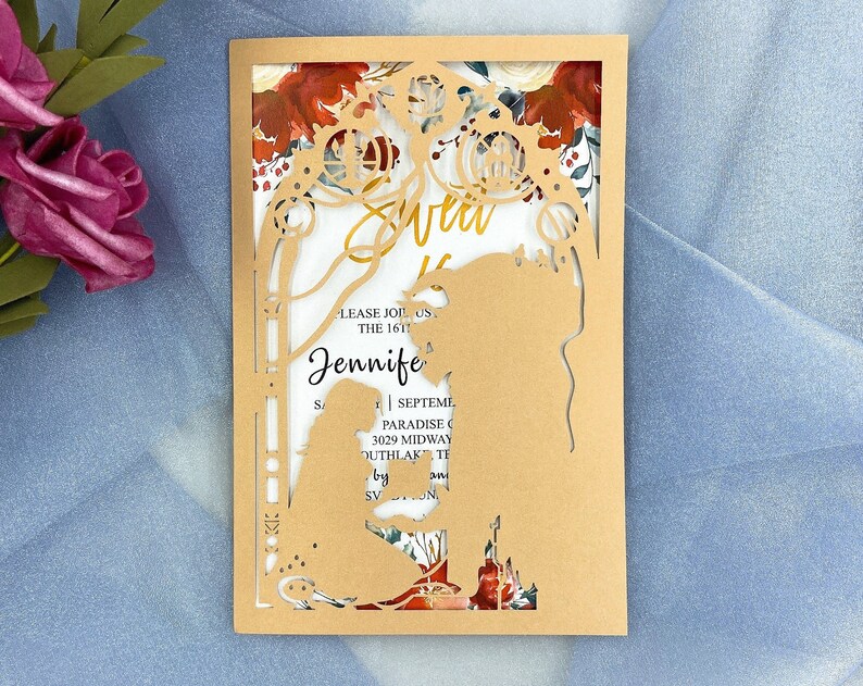 Beauty And The Beast Disney Birthday Party Laser Cut Invites Dark Gold Quinceanera invitation Sweet sixteen card