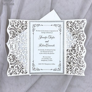 Glitter Zilver met glitter terug Laser Cut Holle Bruiloft Uitnodigingen Kaarten Bruiloft en Quinceanera Uitnodigingen Verjaardag Uitnodigingskaart