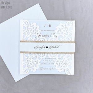 Clásico marfil corte corte invitación romántica láser corte invitaciones de boda con etiqueta vientre banda de compras gratis