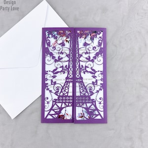Purple Paris Laser Cut Invitations, Shimmery Paris Quinceañera Invitation, Unique Elegant Paris Quinceañera Sweet 16 Invitation