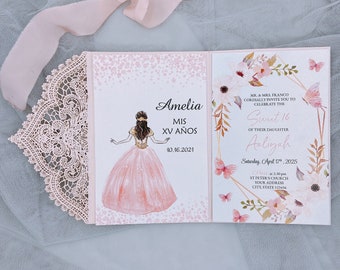 Fold Blush Wedding Invitations Cards Tri fold Laser Cut Invitation invite Envelopes Sweet 16 Quinceañera Party Invitation