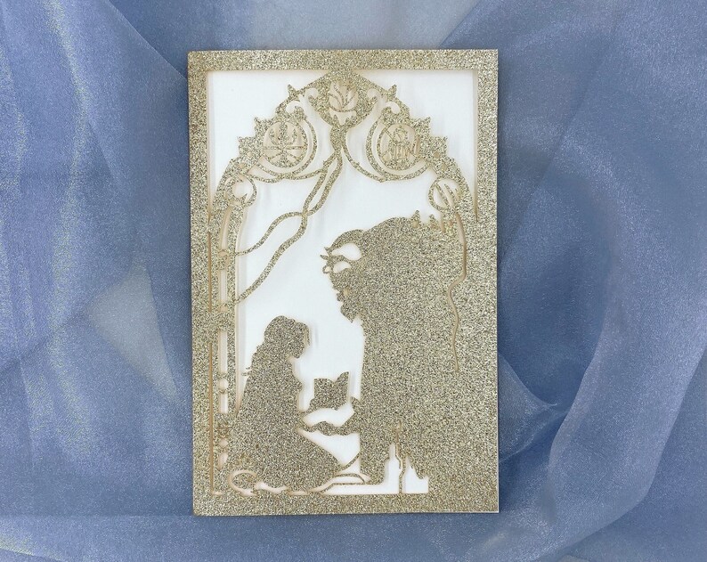 Beauty And The Beast Disney Birthday Party Laser Cut Invites Glitter Champagne Quinceanera invitation Sweet sixteen card