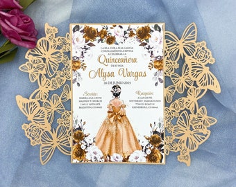 Dark Gold Butterfly Laser Cut Invitations Cards Invitation Quinceanera invitation Sweet sixteen invitation Baby Shower