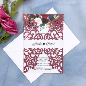 Invito di nozze in pizzo bordeaux tagliato al laser personalizzato con buste giorno di nozze festa nuziale doccia quinceanera