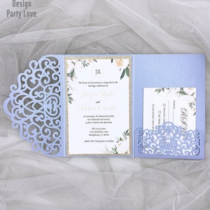 Romantische violett Laser geschnitten Hochzeit lädt, Floral LaserTasche mit kundenspezifischen Einsatz &RSVP-Karte "Free Infinite Design vor der Bezahlung"