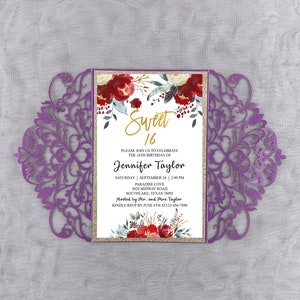 Invitación de boda cortada con láser, invitaciones de boda de corte láser Purple&Gray e Inserciones Quinceañera Sweet 16 Invitation