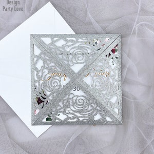 Glitter Silver Color Square Glitter Laser Cut Invitación de boda con sobre fiesta universidad tarjeta de invitación