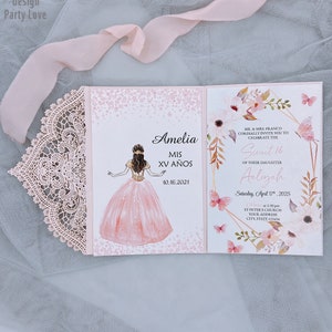 Fold Blush Invitaciones de Boda Tarjetas Tri fold Laser Cut Invitación Invitación Sobres Sweet 16 Quinceañera Party Invitation
