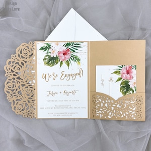 Invitaciones de boda cortada con láser oro oscuro, invitaciones de boda de bolsillo cortado con láser elegantes, conjuntos de invitación de boda con la banda del vientre personalizado
