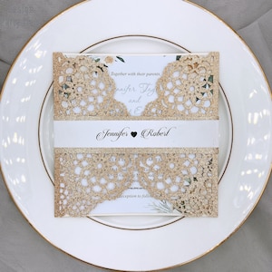 Glitter rosa oro oro corte invitaciones de boda tarjeta tarjeta de felicitación personalizar con la banda del vientre cumpleaños decoración fiesta suministros de fiesta